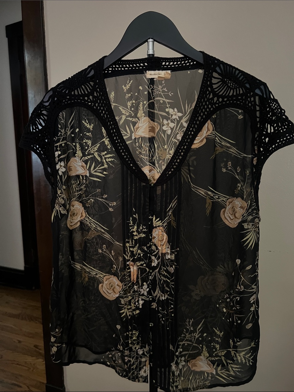 Black Sheer Floral V-Neck Blouse with Crochet Shoulders